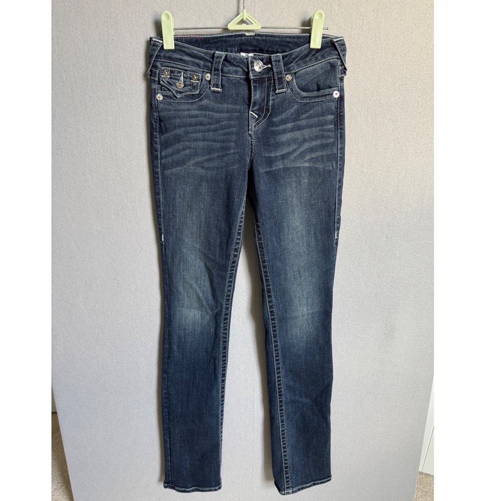 True Religion Slim Straight Jeans Women 26x32 Strech Flap Low Rise Dark Wash 90s